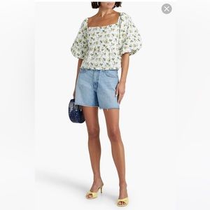 Faithfull The Brand White Floral Quincy Peasant Blouse Shirt size Small